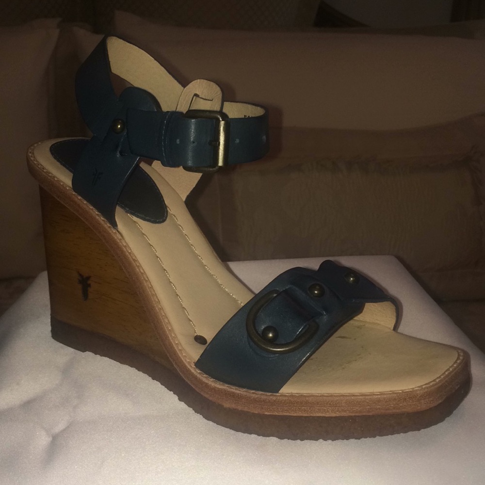Frye Blue Ankle Strap Leather Wedge Sandals